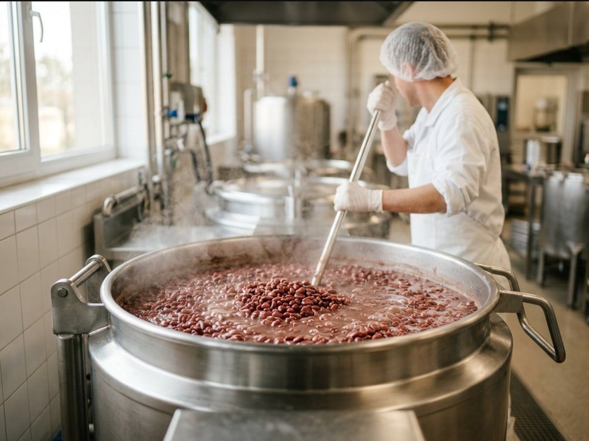 In a bright industrial kitchen, a person in a hairnet and gloves stirs a steel kettle full of simmering red beans with a long paddle.