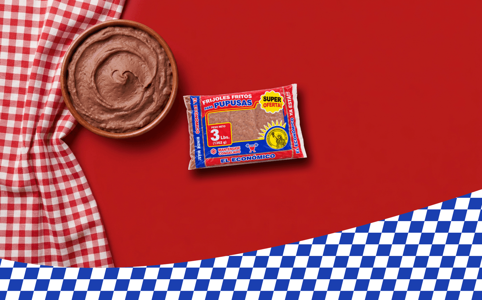 El Económico Refried Beans for Pupusas by Difrico, served next to its package.
