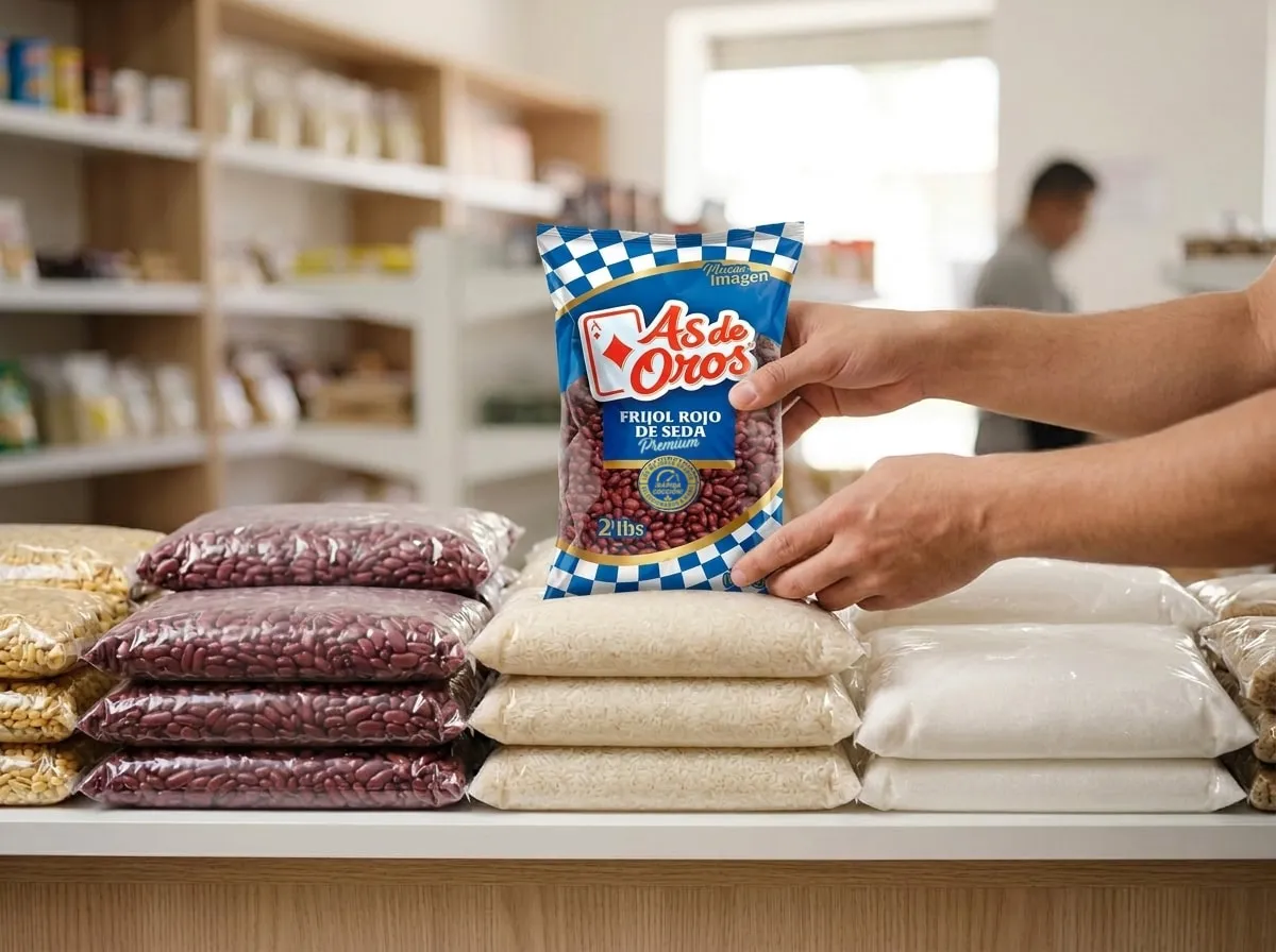 Hands place a bag of As de Oros red silk beans (rojo de seda) on the counter of a neighborhood store.