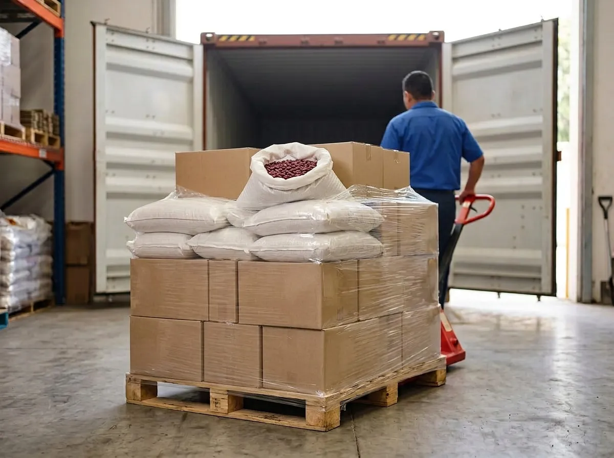 A pallet of boxes and sacks of beans ready to be loaded into an export container.