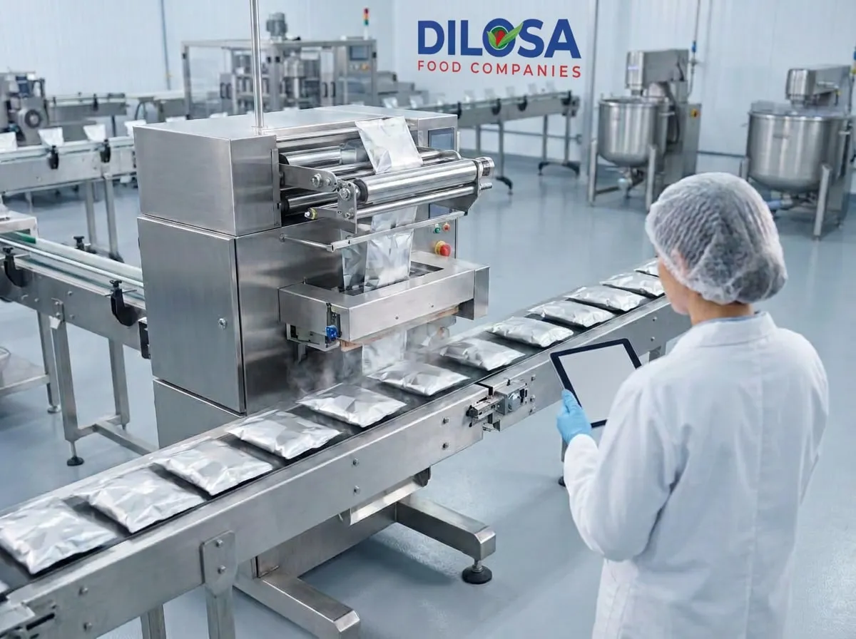 A quality supervisor beside an automated packing line, with the Dilosa Food Companies logo on the wall.