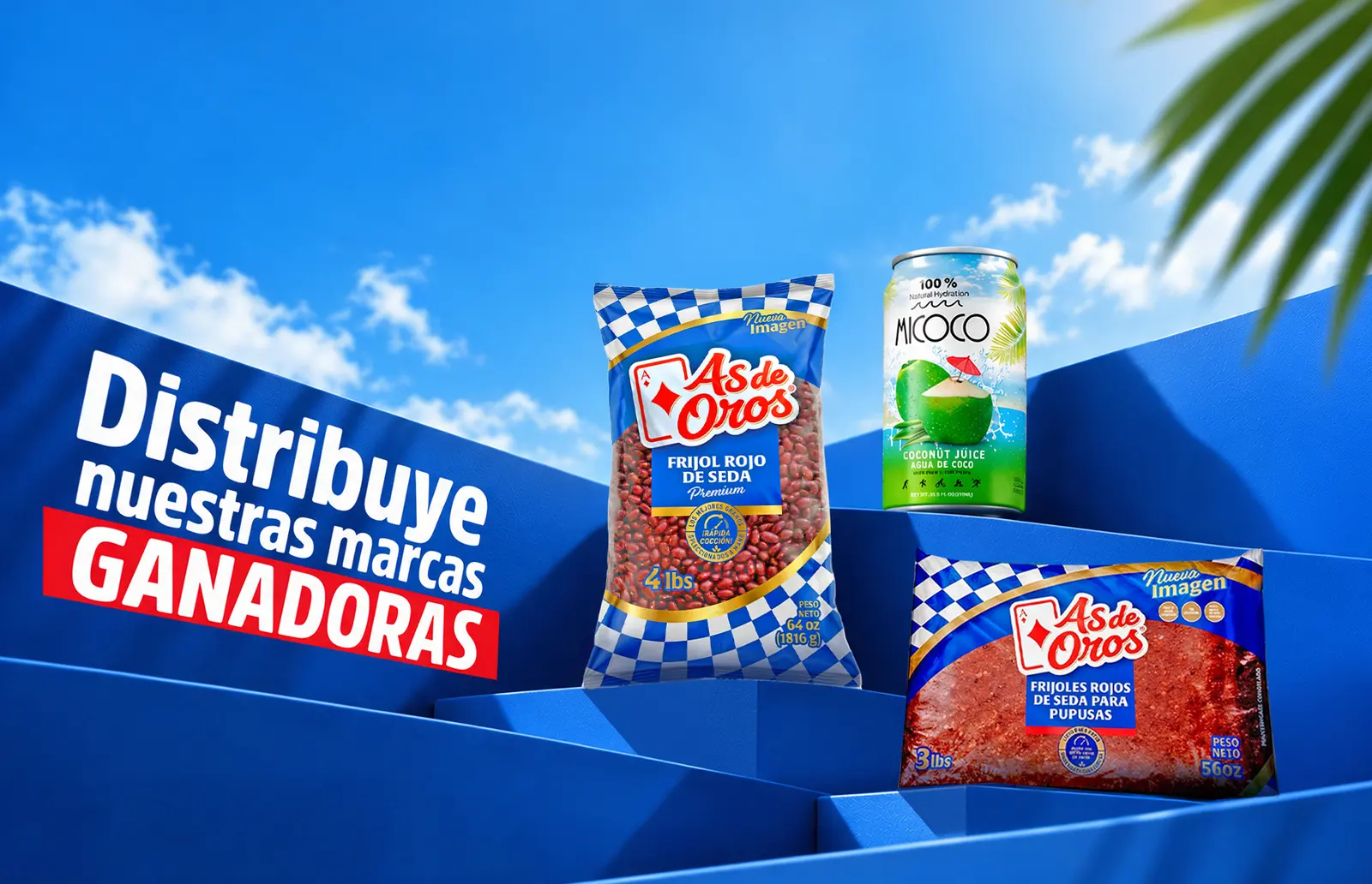 Distribuye nuestras marcas ganadoras: carry our winning brands. On blue steps under a clear sky, As de Oros packages of red silk beans and of red silk beans for pupusas, and a can of MICOCO coconut water.