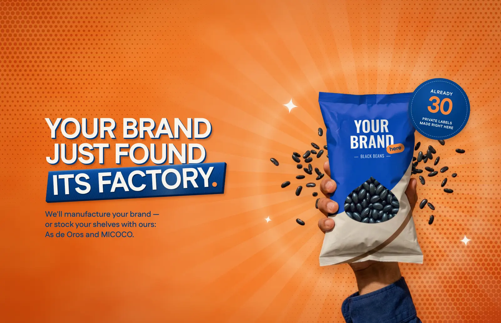 Your brand just found its factory. We'll manufacture your brand, or stock your shelves with ours: As de Oros and MICOCO. 30 private labels are already made here. A hand holds up a blue bag of black beans among flying black beans, printed with: Your brand here.