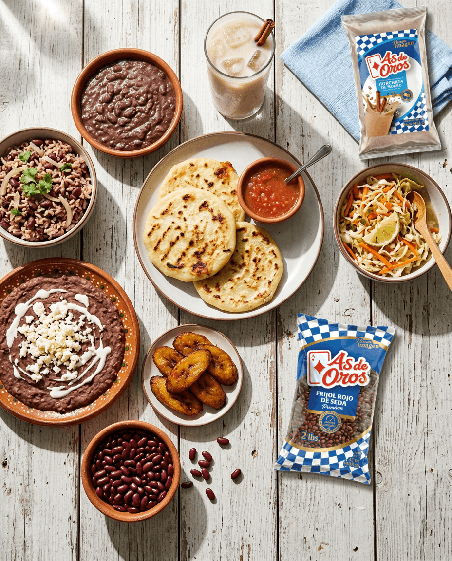 A Salvadoran table with refried beans, casamiento, pupusas, curtido, plantain and horchata, next to As de Oros packages of red silk beans (rojo de seda) and horchata de morro.