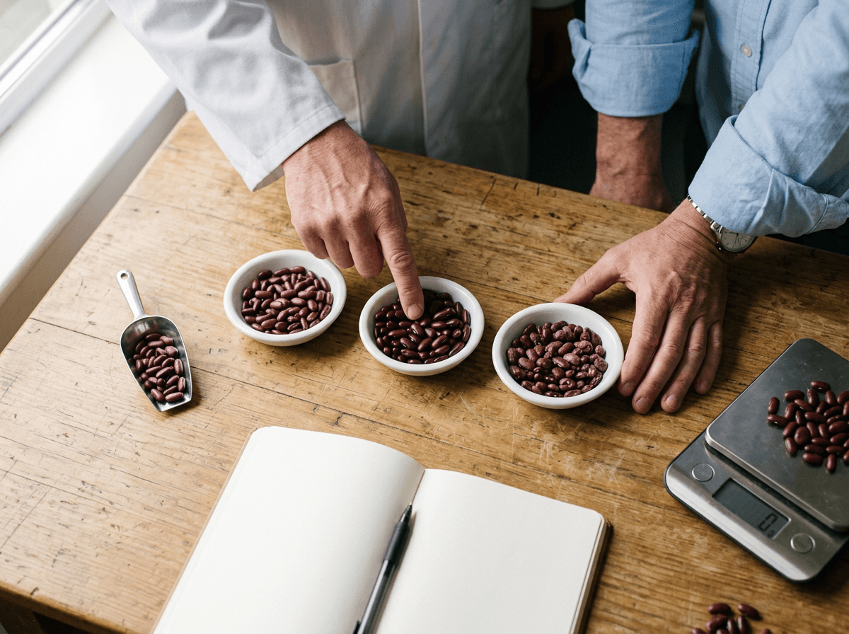 Two people review red bean samples in three dishes, next to a scale and a notebook.
