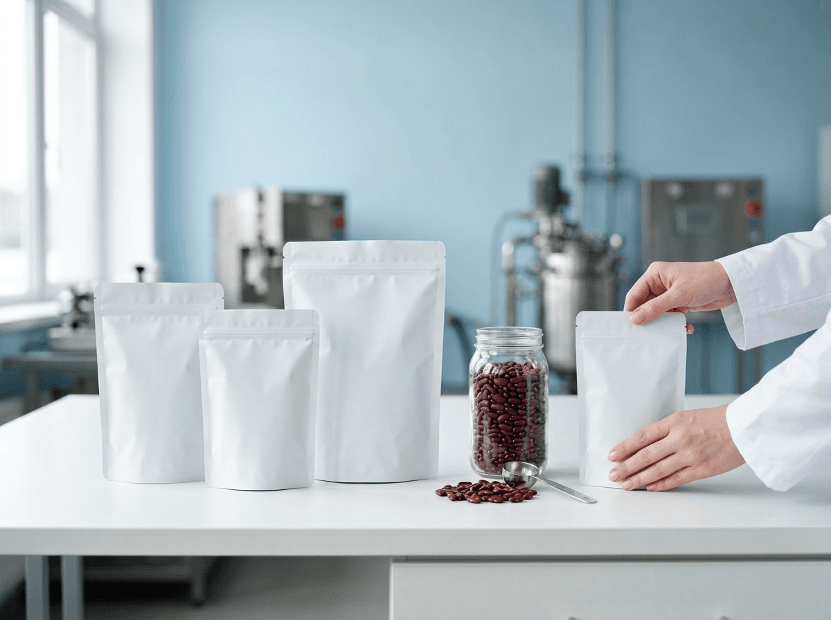 Unprinted white pouches in several sizes on a laboratory bench, next to a jar of beans.