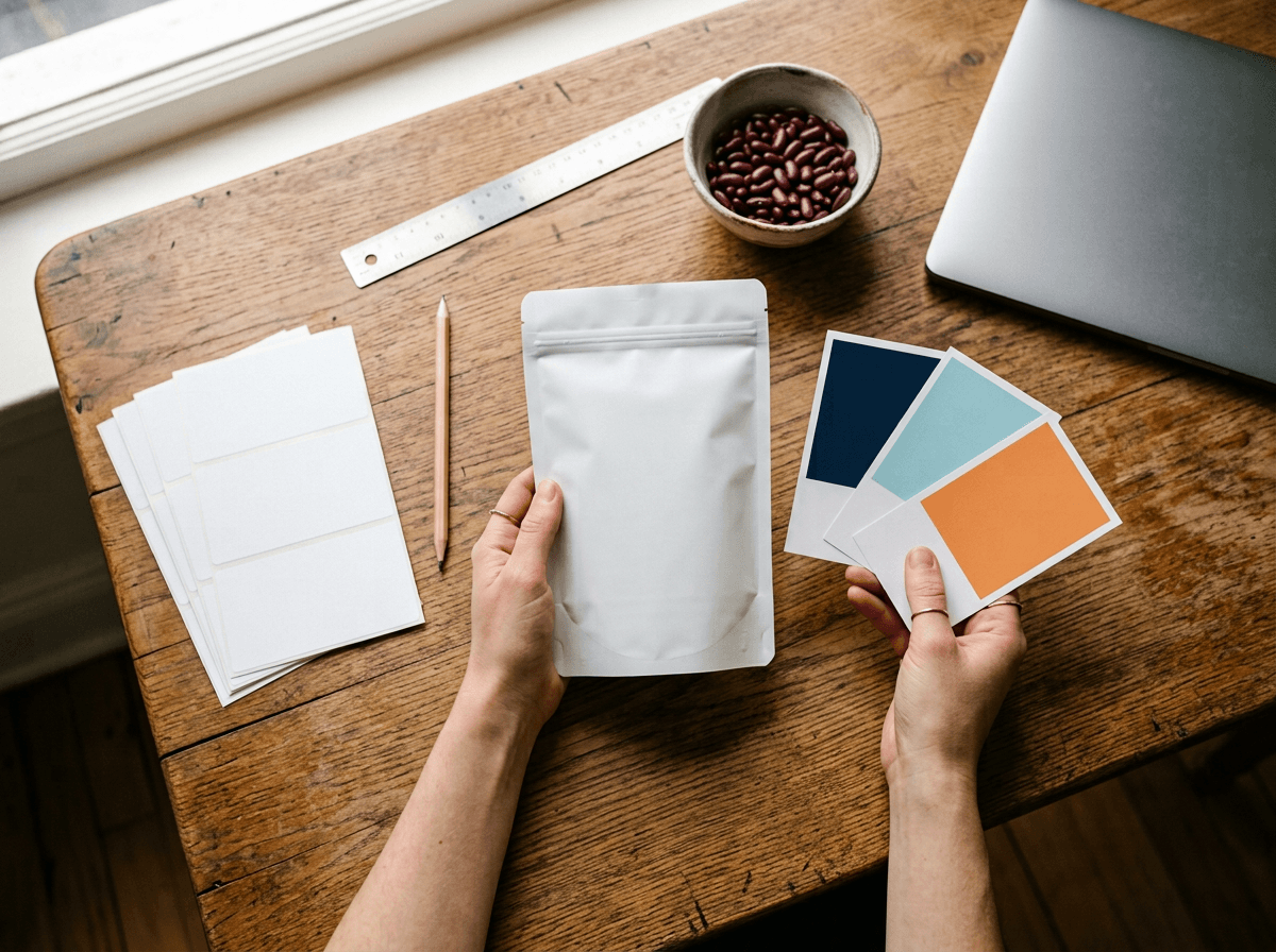 Hands compare a blank pouch with colour swatches on a design desk.