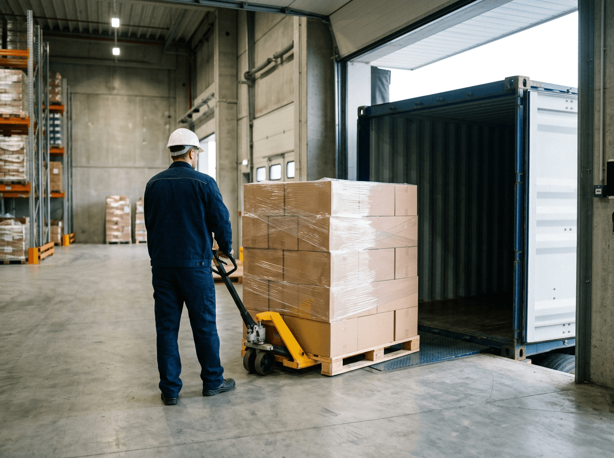A worker moves a pallet of boxes towards an open container at the loading dock.